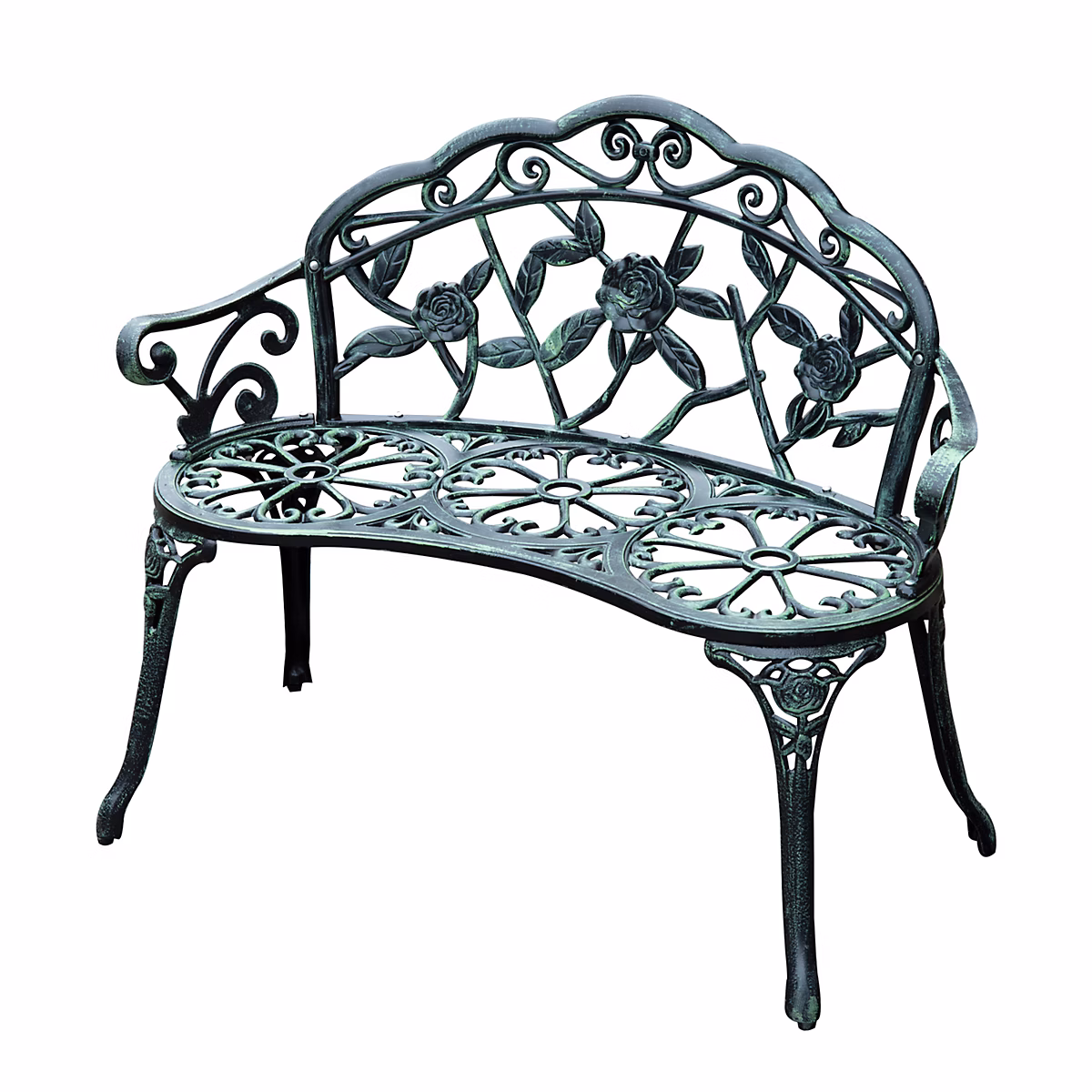 Banc de jardin 2 places style néo-rétro motif rose lignes fuselées 100L x 54l x 78H cm fonte d'aluminium vert vieilli – Réf. SGAHLVYTU6733543281