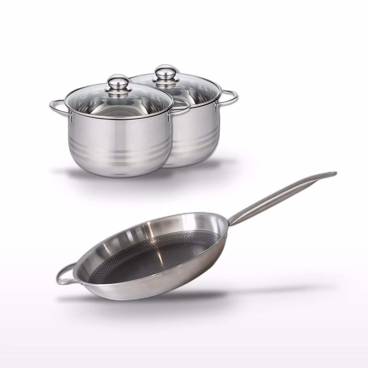 Batterie de cuisine avec 1 poêle de cuisson 32 cm et 2 faitouts 20/24 cm en inox sans PFAS Elo Collection Relief Solution Brillant – Réf. BIZUWQSMN8062240473