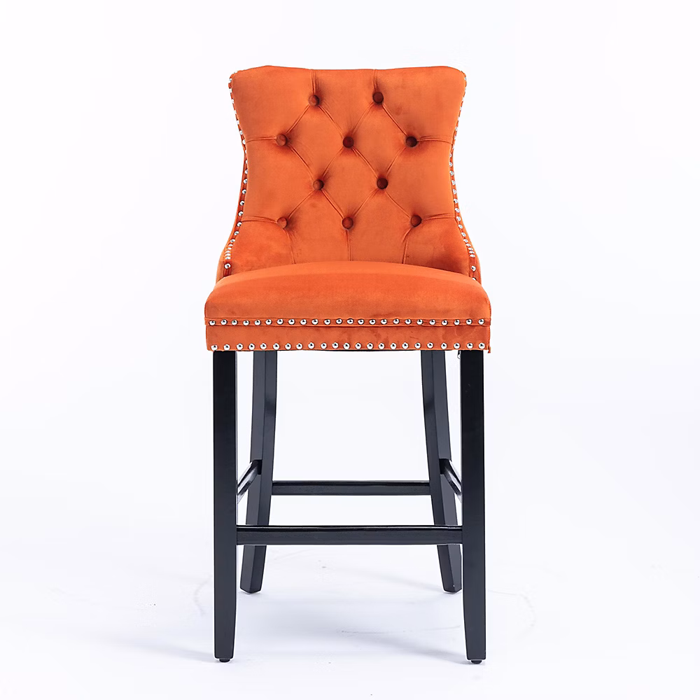 2 Tabourets Bar Velours Orange | Pieds Bois – Clous