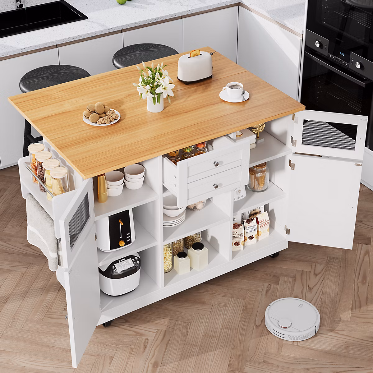 Meuble de cuisine – Îlot de cuisine 140 cm blanc en MDF avec plateau rabattable et roulettes