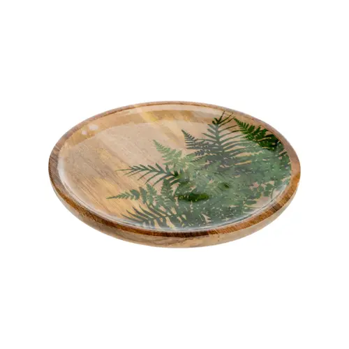 Qualité jardin：Plateau rond en bois de manguier avec décor fougères vert - Ø 30 cm