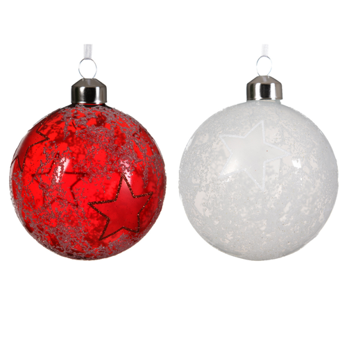 BOULE DE NOËL EN VERRE BLANC HIVER OU ROUGE MOTIF BRILLANT - ∅8CM