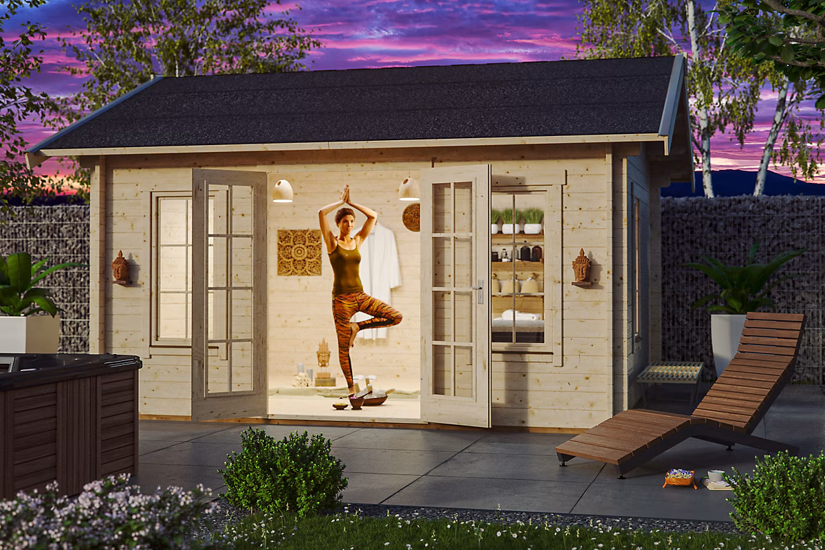 Chalet de loisirs SKAN HOLZ Lugano 2 – 420 × 380cm, 45mm, toit isolable (pour tuiles)