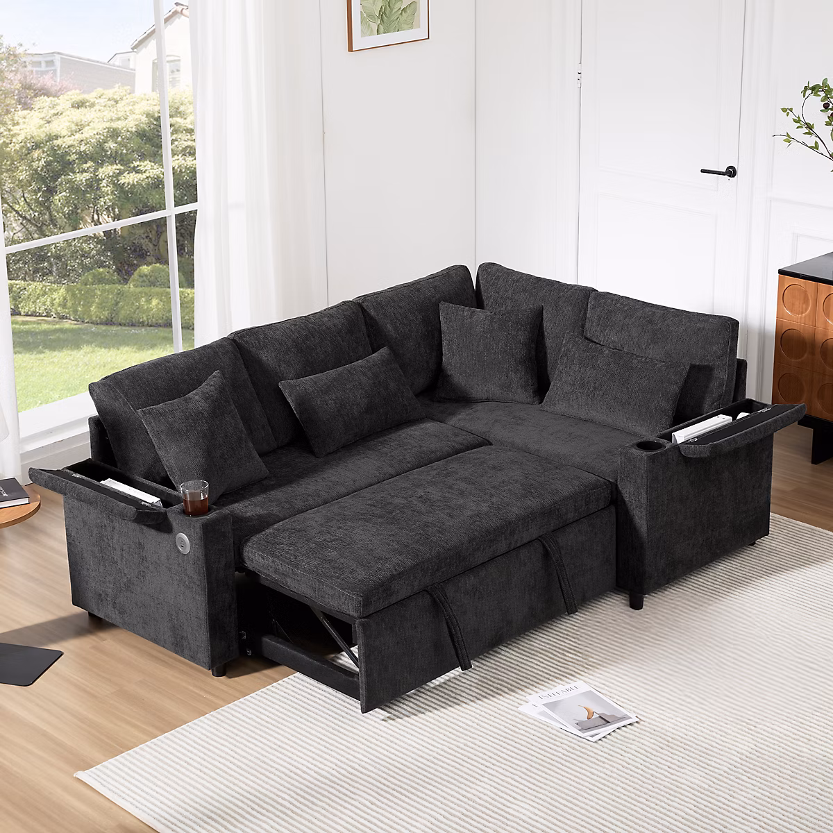 Canape angle en L convertible avec rangement porte gobelet port USB et 4 coussins pour salon chambre ou home cinema gris – Réf. LYGUAVGYO5966497326