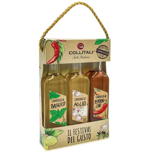 Jardin confort：Coffret de 3 huiles d’olive aromatisées basilic, ail, piment Collitali - les 3 bouteilles