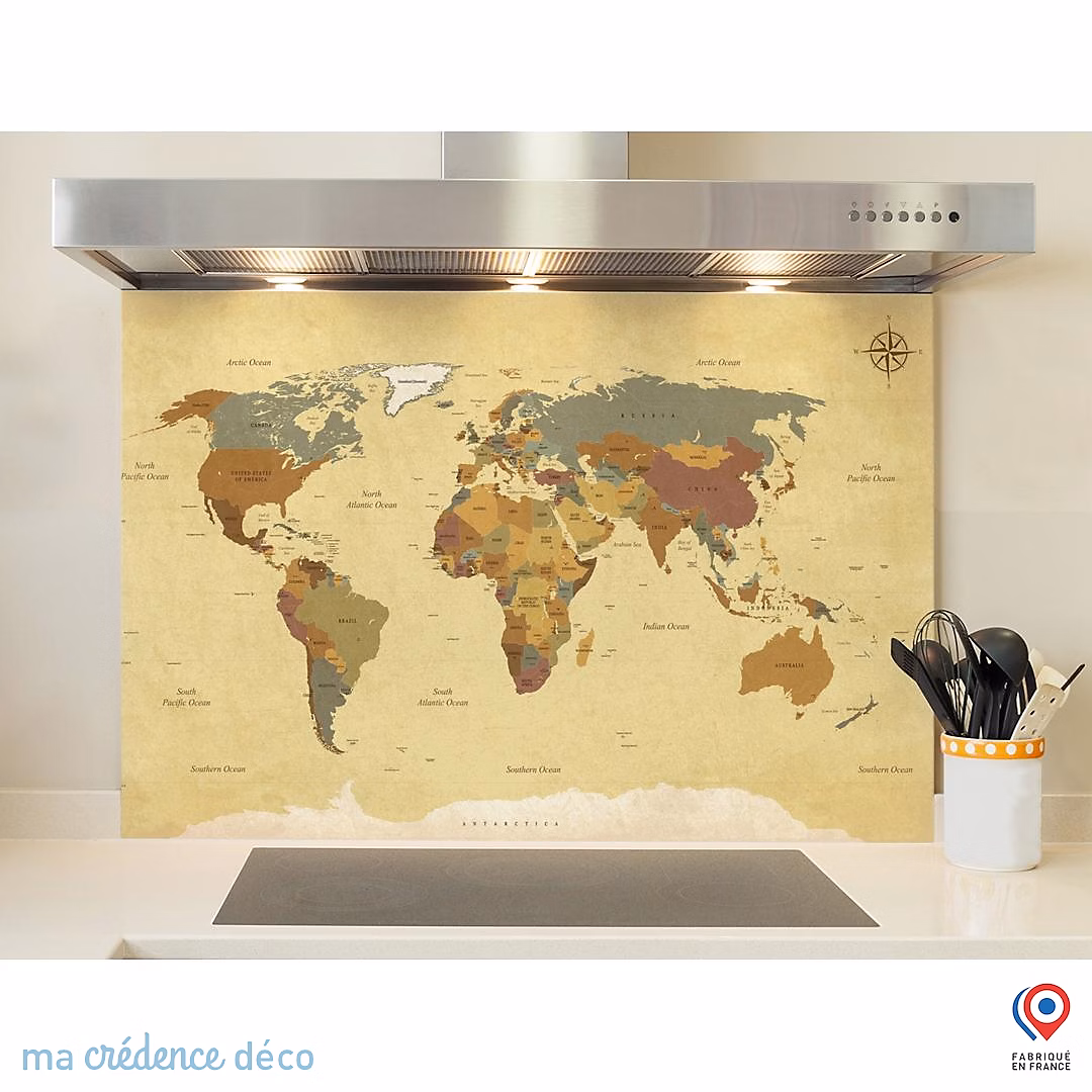 Crédence cuisine fond de hotte Carte du monde – Verre trempé, L 70 cm x H 60 cm, MaCrédenceDéco