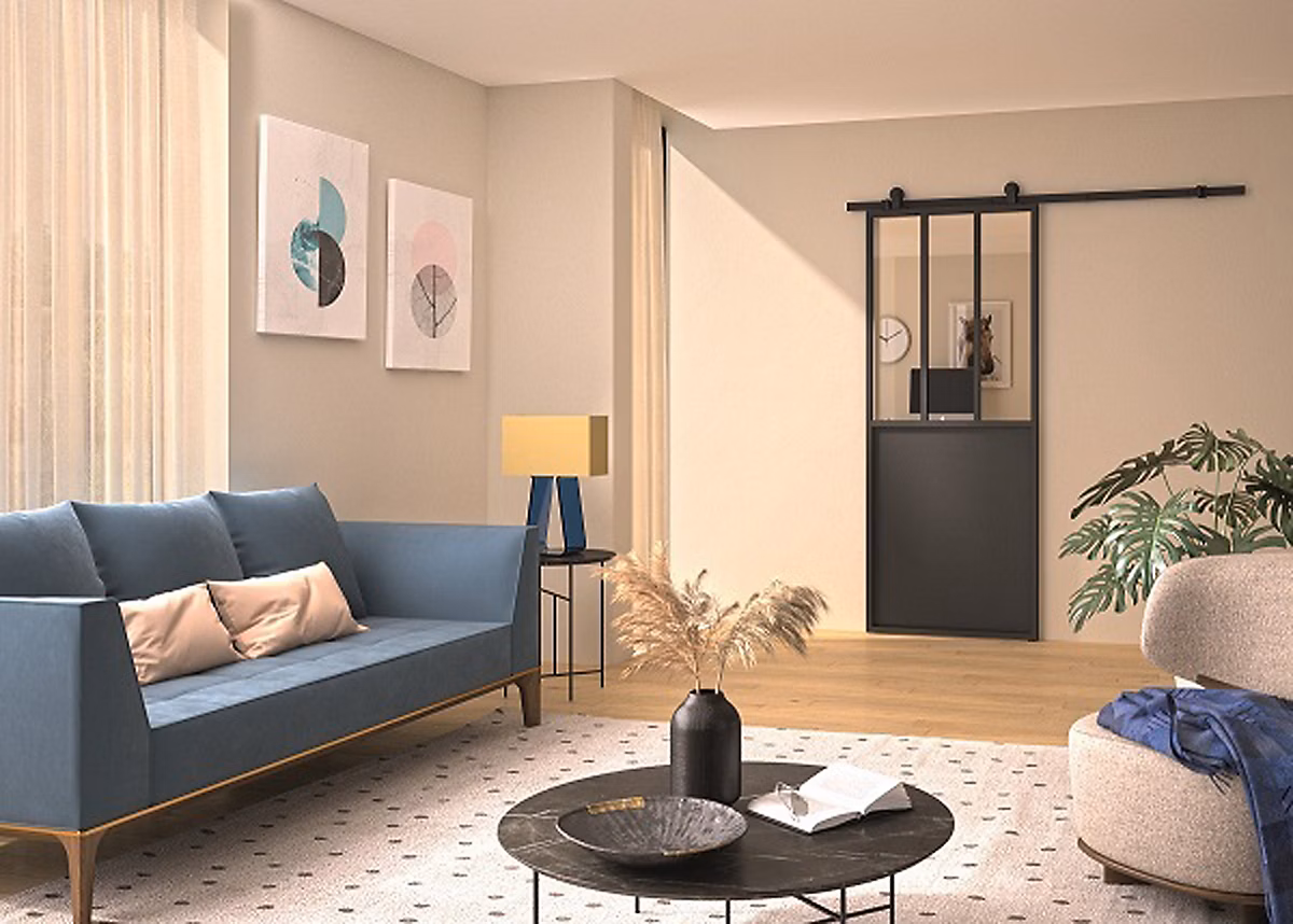 Kit porte coulissante atelier noire | vitrage transparent avec rail apparent 93 × 204 cm – Optimum