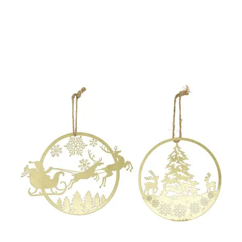 Les incontournables du jardin：Décoration ronde à suspendre en métal doré scène de Noël - Ø 18 cm
