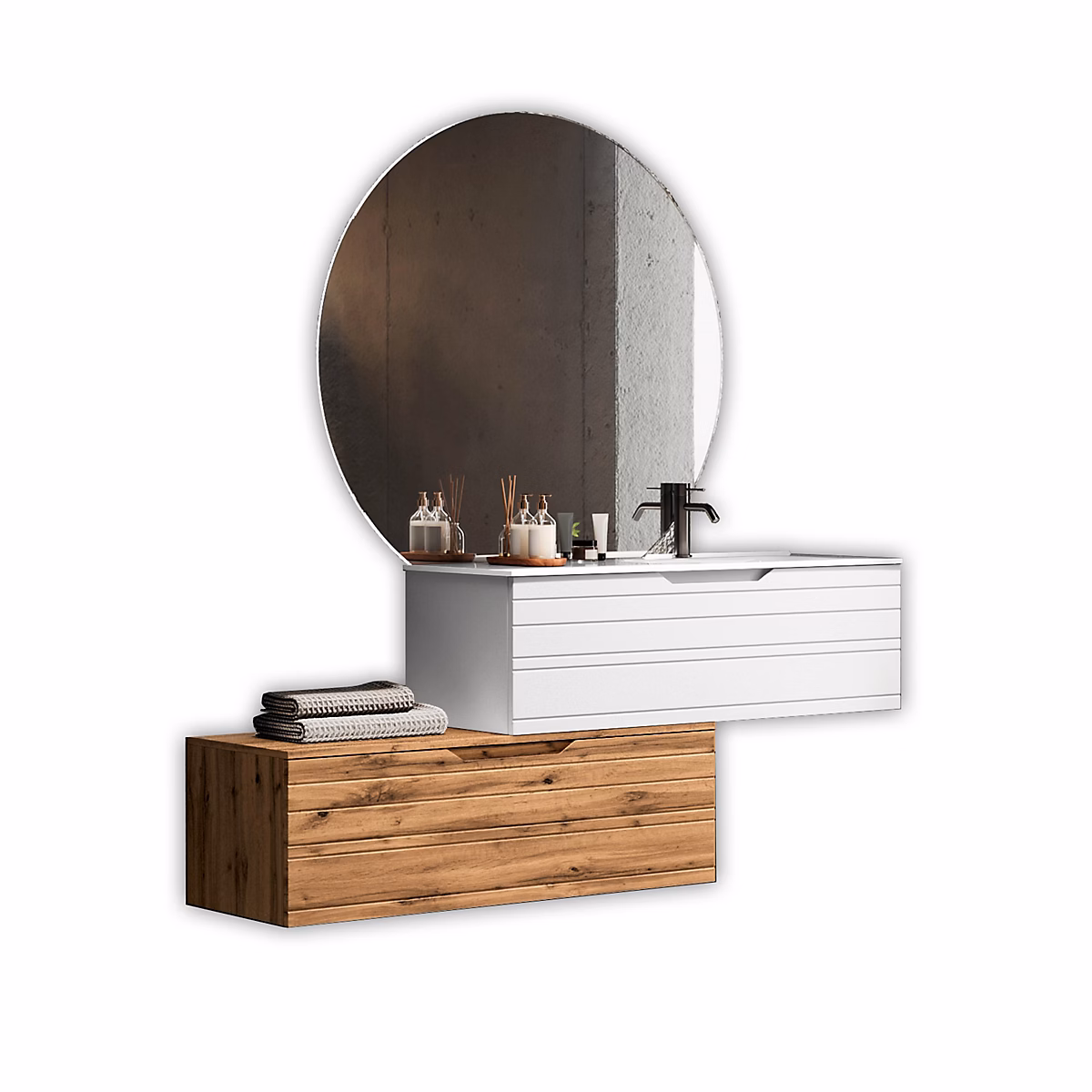 Ensemble vasque droite 4 pièces SOLMIRA blanc/chêne – Réf. SMLDGCCQB5974065959