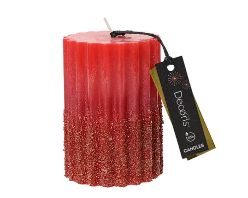 Choix pour le jardin:Bougie pilier rouge Noël avec paillettes or - Ø 7 x H 10 cm