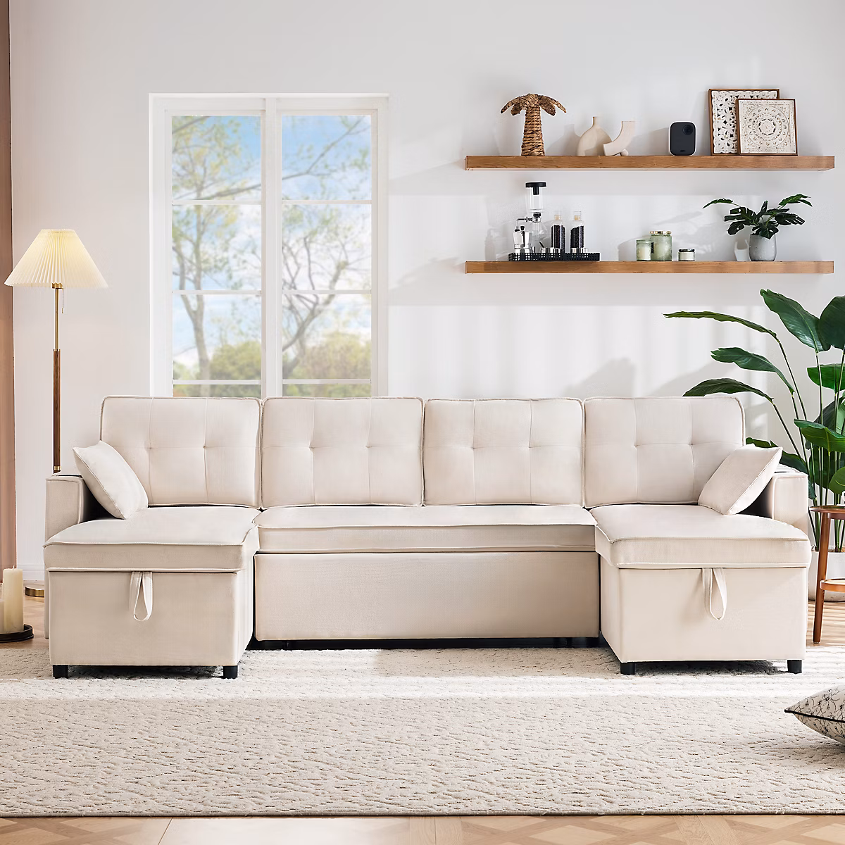 Canape en U convertible 4 | 5 places 270 × 130 × 86 cm en coton lin – assise large 106 cm et rangement integre