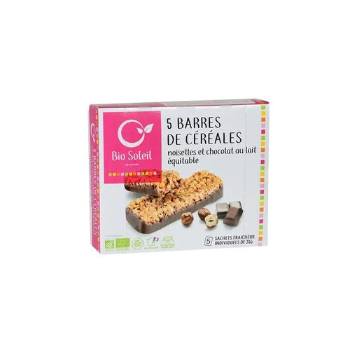 Pour vos moments en extérieur：Barres de céréales noisettes et chocolat au lait Bio Soleil - 130 g