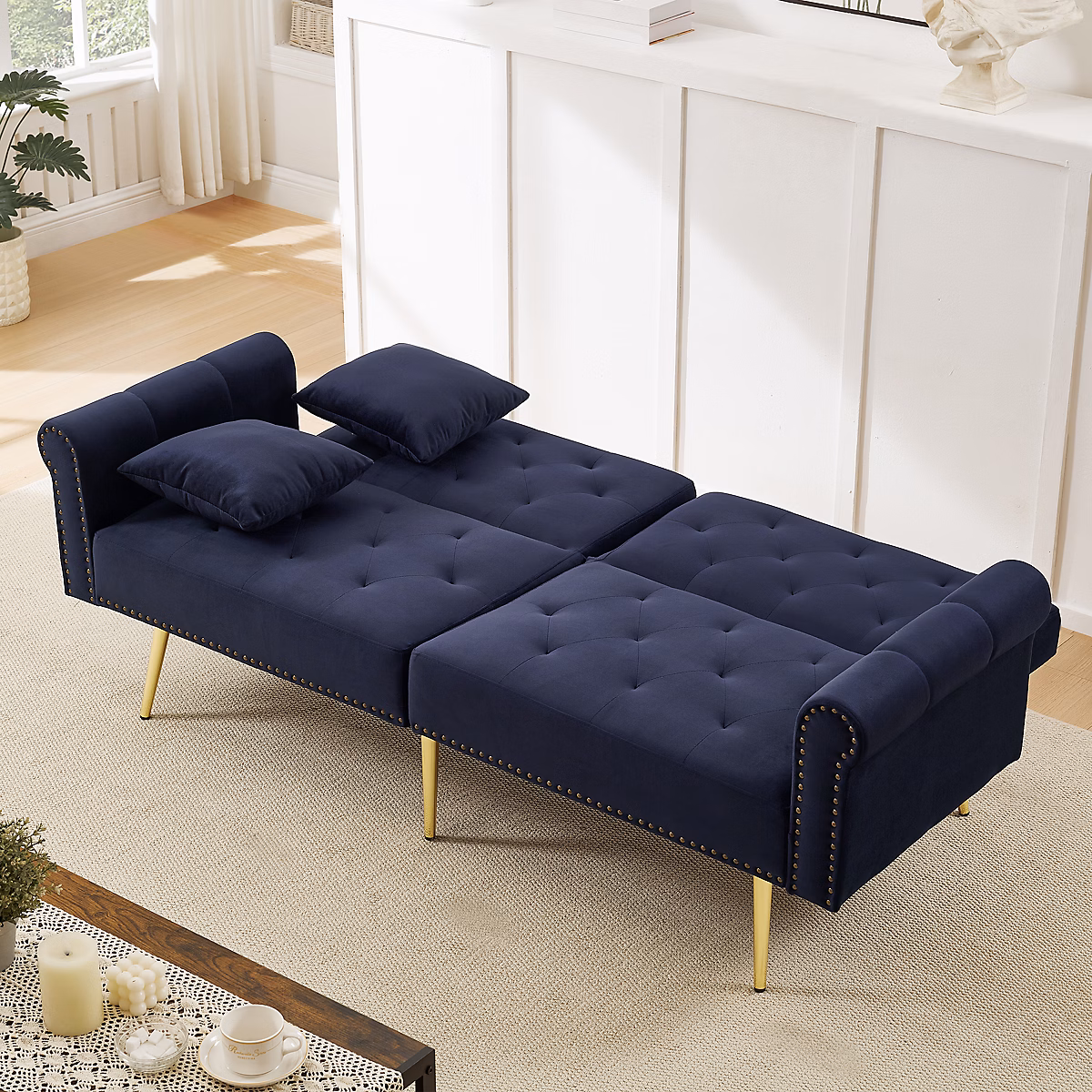 Canapé Convertible Moderne 2 Places – avec Dossier Inclinable et Pieds Métal Dorés | en Velours | Bleu Antique