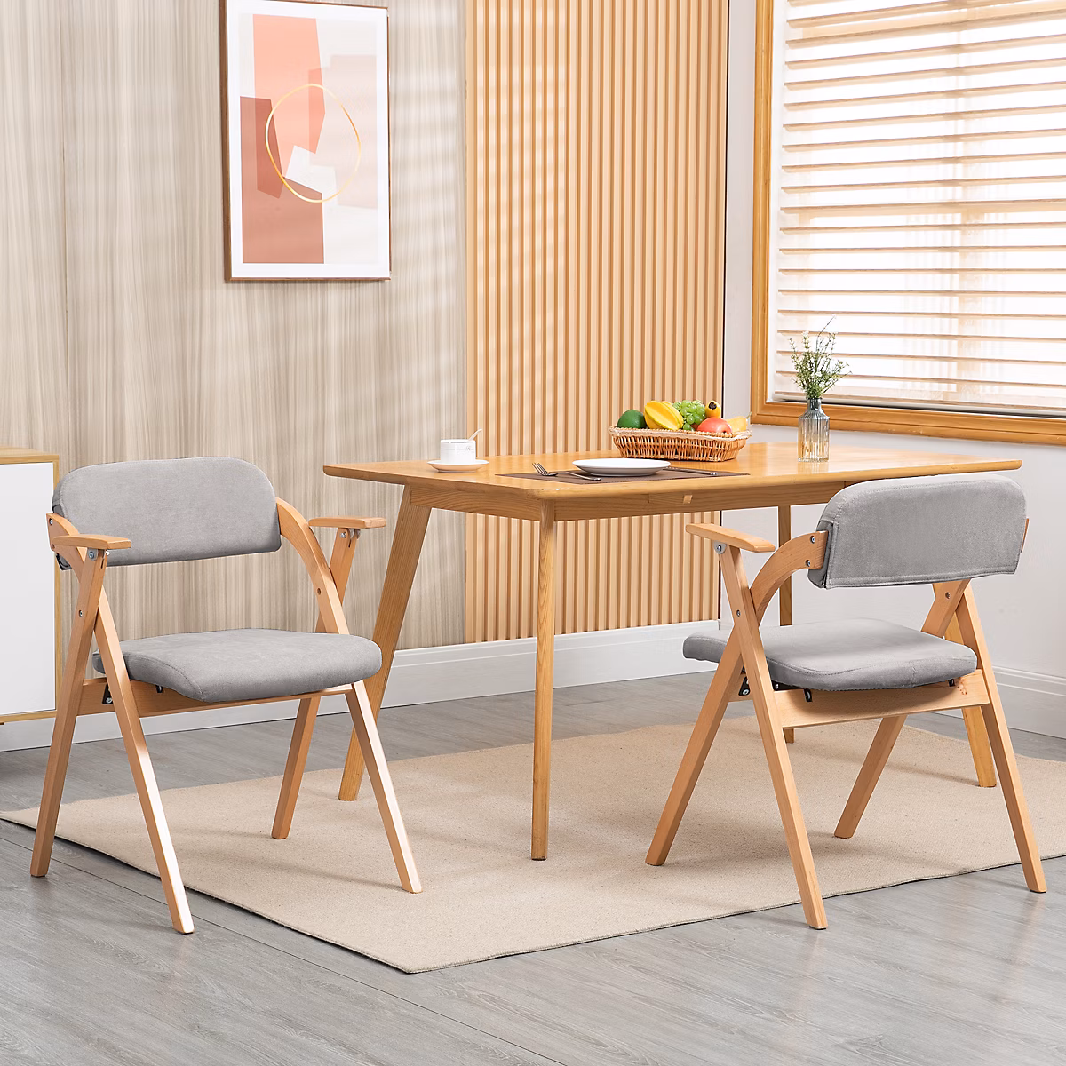 Chaise pliante lot de 2 en bois massif gris avec accoudoirs et assise rembourrée – Réf. QPOIPBYSR5018981948