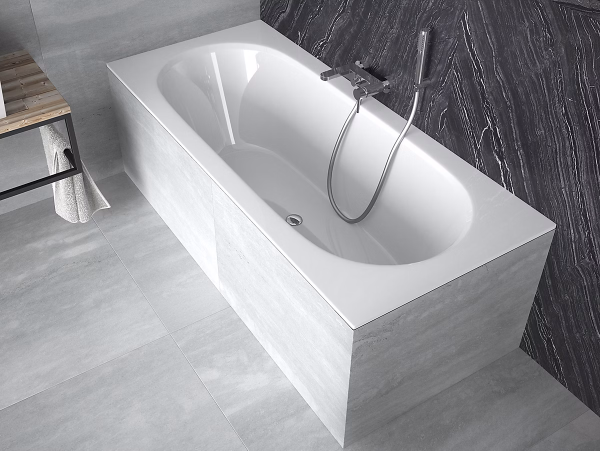 Baignoire rectangulaire 150 × 75 VITAE SLIM acrylique blanc + Habillage en polystyrène (4 cm) + Pieds + Vidage à chromé