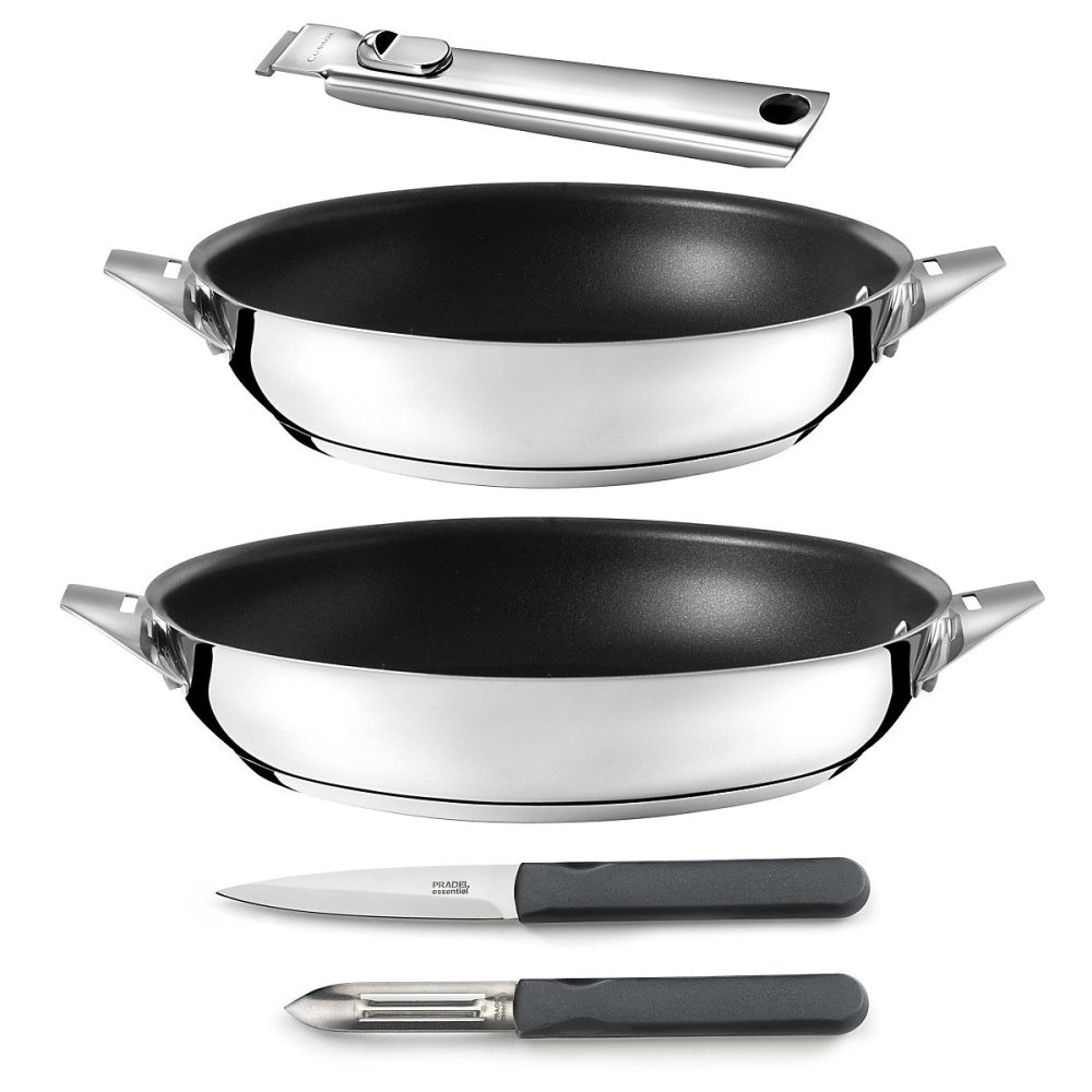 Eclipse – Set 2 poêles 24/28cm revêtement céramique, 1 poignée amovible inox, 1 éplucheur et 1 couteau office