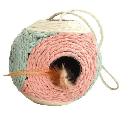 Bien utile au jardin：Griffoir rond en corde rose avec plumes naturelles Bobby Griffoir Facette - Ø 10 cm