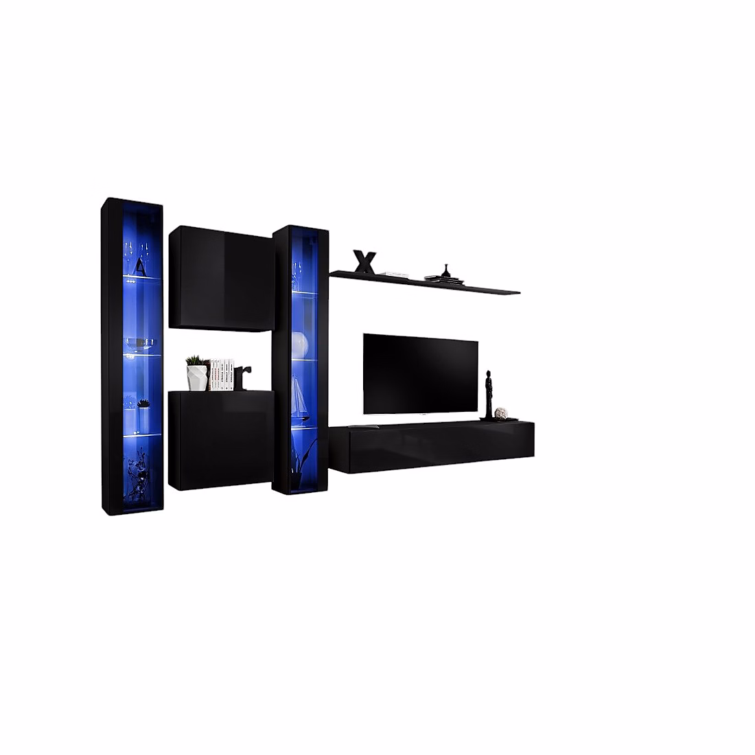Composition murale SWITCH XVI Meuble TV – vitrines LED, cubes et étagère Noir brillant Design contemporain