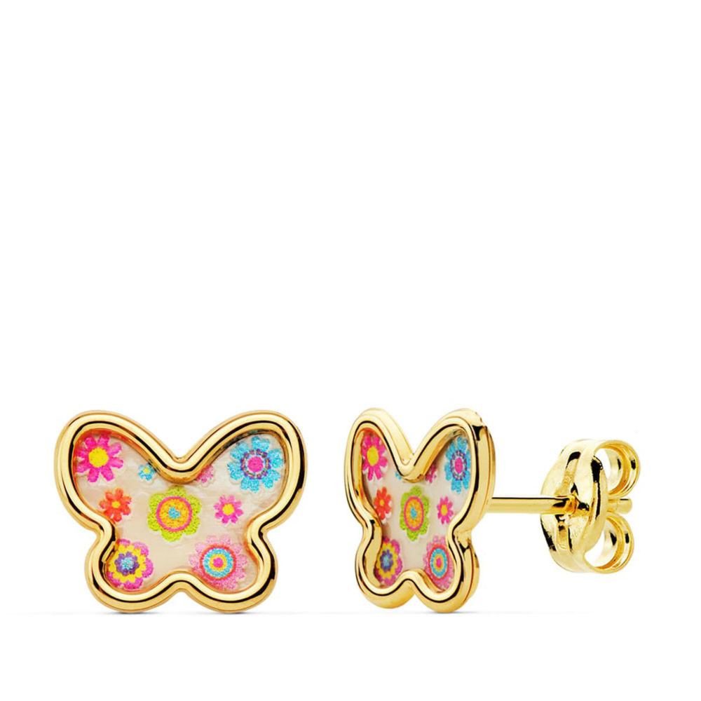 L'ATELIER D'AZUR Boucles d'Oreilles Or 18 Carats 750 Jaune et Nacre - Papillons