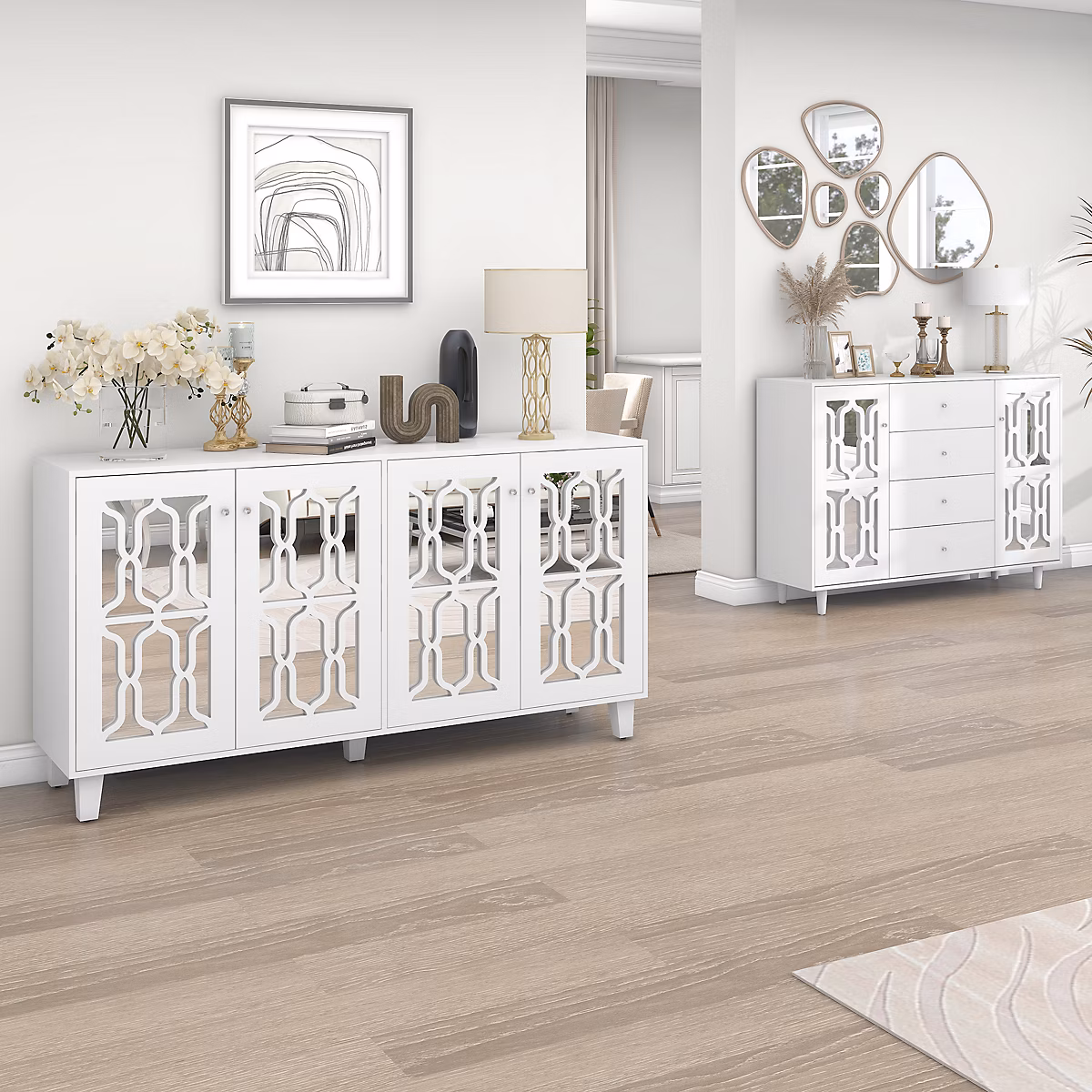 Buffet Moderne 4 Portes avec Poignées Cristal – Rangement Élégant à Tablettes Amovibles, MDF Blanc Miroir, 160 × 40 × 84 cm