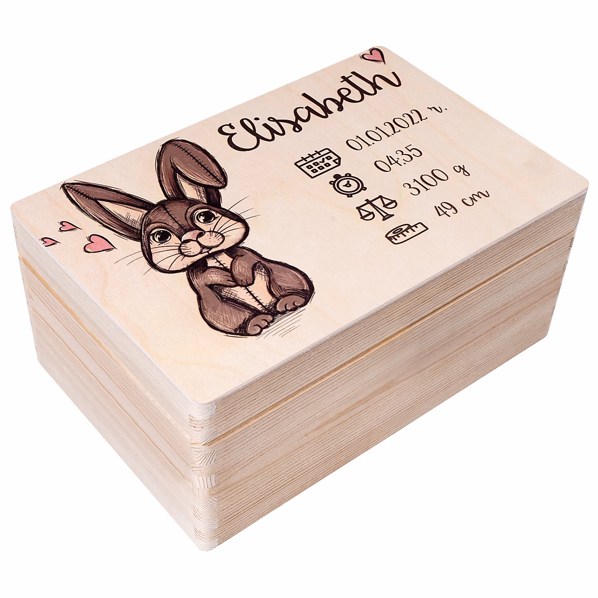 Creative Deco Boîte en Bois Personnalisée pour Naissance – Motif Lapin, 30 × 20 × 14 cm, Cadeau Souvenir Bébé Personnalisable