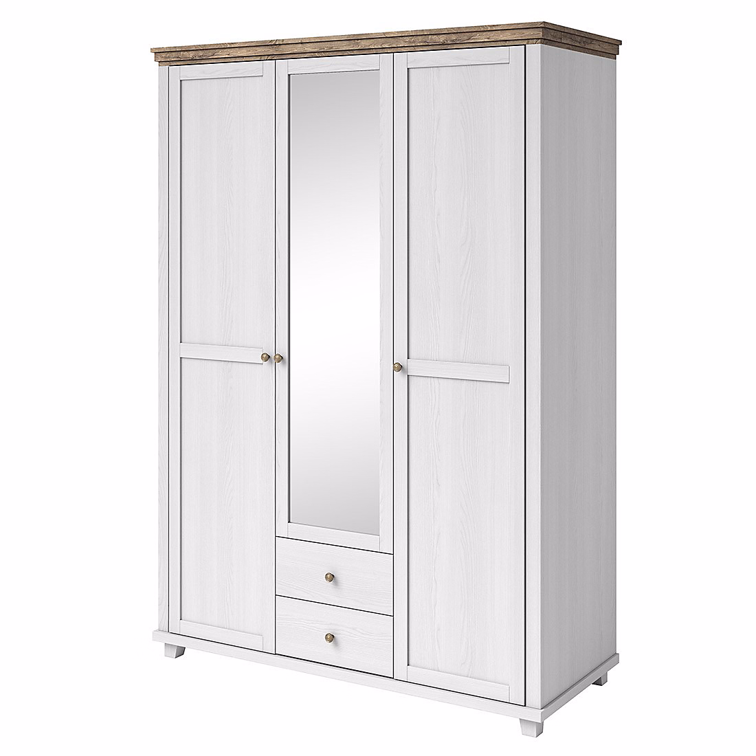 Armoire 150 × 220 avec 3 portes et 2 tiroirs. Coloris blanc et chene. Collection ASSIA