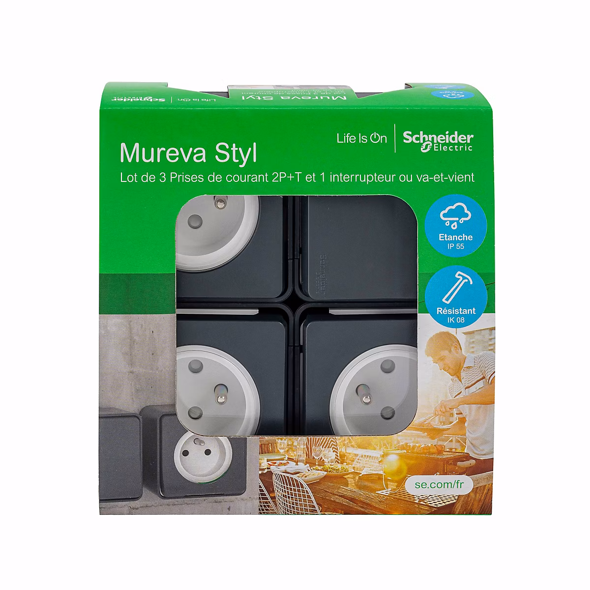 3 prises avec terre + 1 interrupteur va – et | vient Schneider Electric Mureva Styl gris anthracite | lot