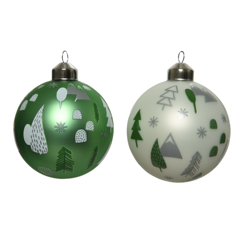 BOULE EN VERRE MAT AVEC SAPINS ET PAILLETTES - ∅8CM