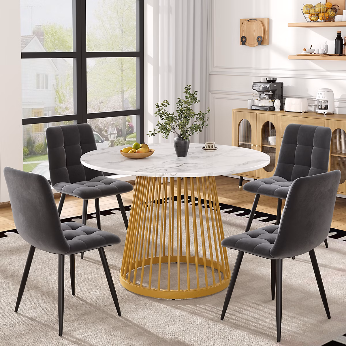 Ensemble table et chaises 80 × 76 cm avec 4 chaises – table ronde plateau effet marbre et chaises en velours