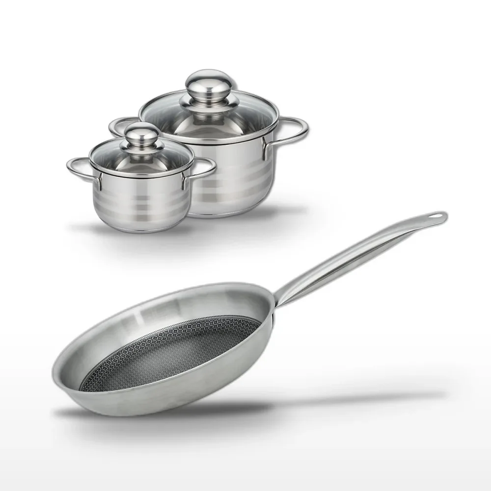 Batterie de cuisine avec 1 poêle 28 cm et 2 faitouts 12/16 cm en inox sans PFAS Elo Collection Relief Solution Brillant – Réf. YUXQLQHQW7206501528