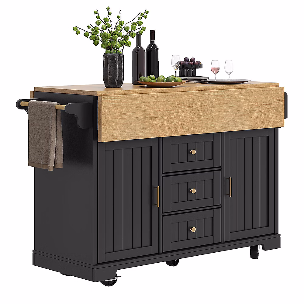 Îlot cuisine 120 × 40(80)x95cm – chariot coulissant, 2 portes, 3 tiroirs, noir/blanc