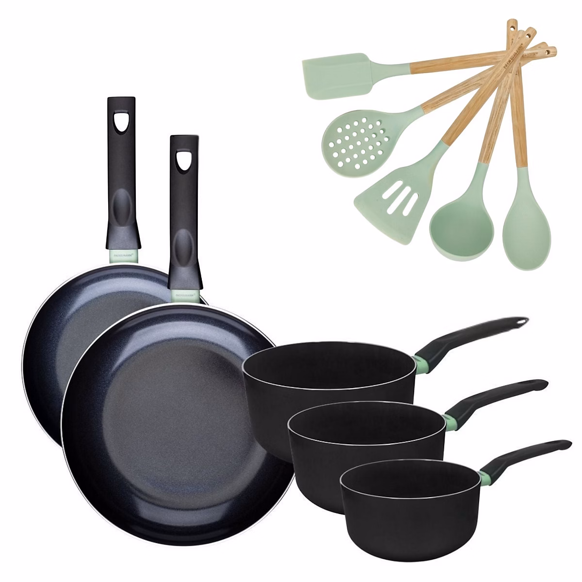 Matériel de cuisson – Batterie de cuisine avec 2 poêles 24/28 cm et 3 casseroles 16/18/20 cm avec 5 ustensiles de cuisine Fackelmann Brandao Océan