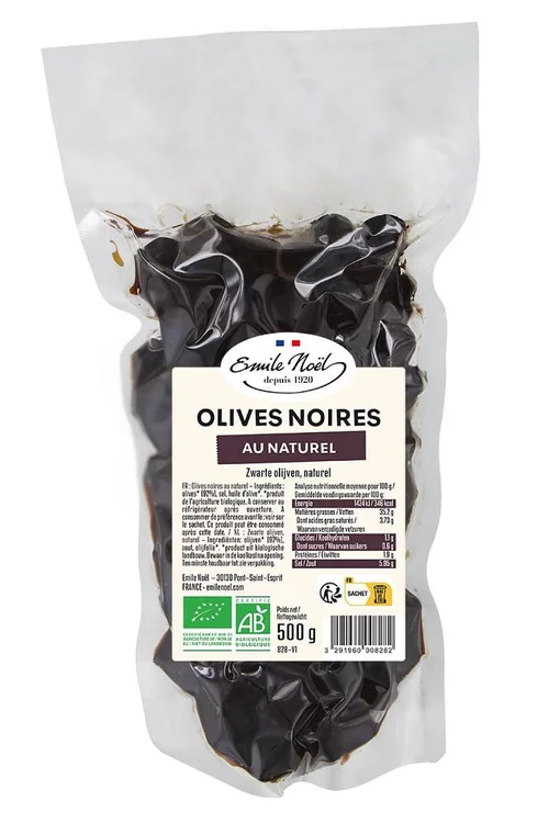 Autour du jardin：Olives noires au naturel bio gros calibre en sachet de 500 g