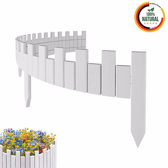 Bordure de jardin – Floranica, Bois de pin, 200 cm x 10 cm, Blanc, Esthétique crénelée