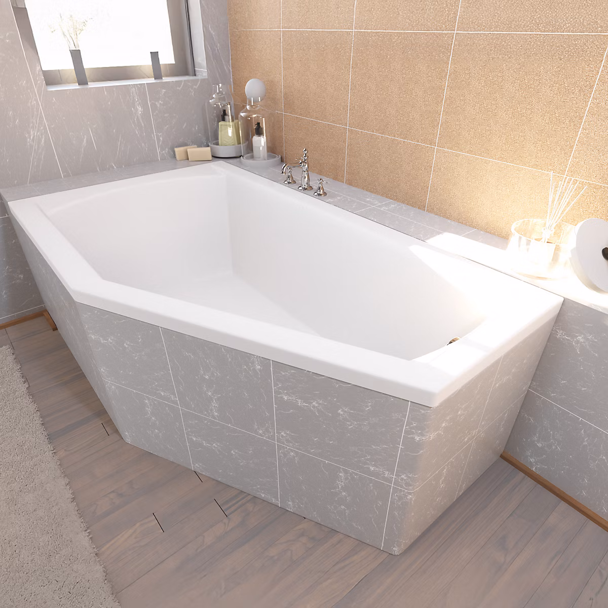 Baignoire asymétrique 150 × 90 Gauche SELENA acrylique blanc + Habillage en polystyrène + Pieds + Vidage à chromé