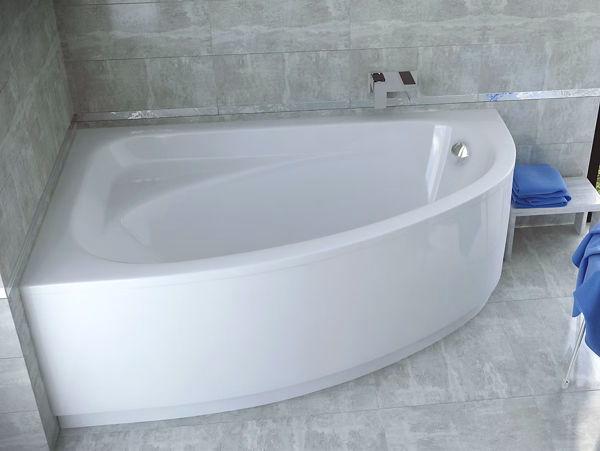 Baignoire asymétrique 140 × 80 Gauche CORNEA acrylique blanc + avec Tablier + Pieds + Vidage à chromé