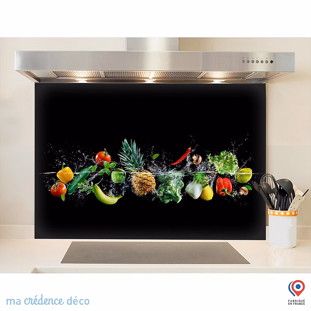 Crédence cuisine fond de hotte Bain de fruits et légumes – Verre trempé | L 90 cm x H 60 cm | MaCrédenceDéco