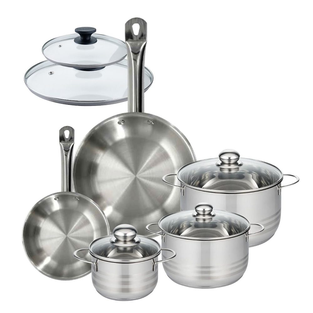 Batterie de cuisine avec 2 poêles 20/28 cm et 3 faitouts 16/20/24 cm sans PFAS Fackelmann Eterna Brillant avec couvercles – Réf. IDAKFXFQX6592209403