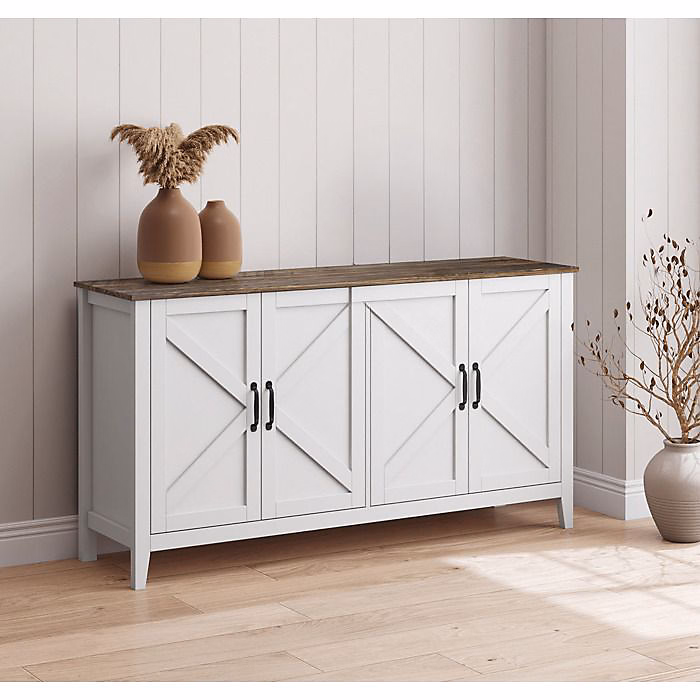 Buffet bas rustique | Blanc et chêne rustic – Mélamine mate – 4 portes – 140 × 40 × 80 cm