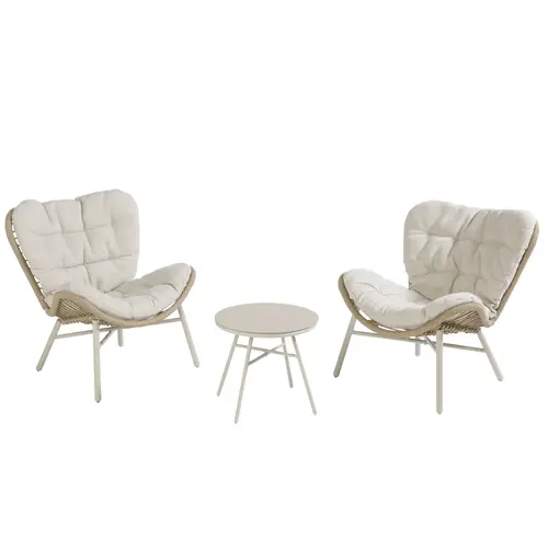 Jardin plaisir：Salon de jardin en acier et résine tressée coloris beige Hosta II - 3 éléments (table basse et deux fauteuils)