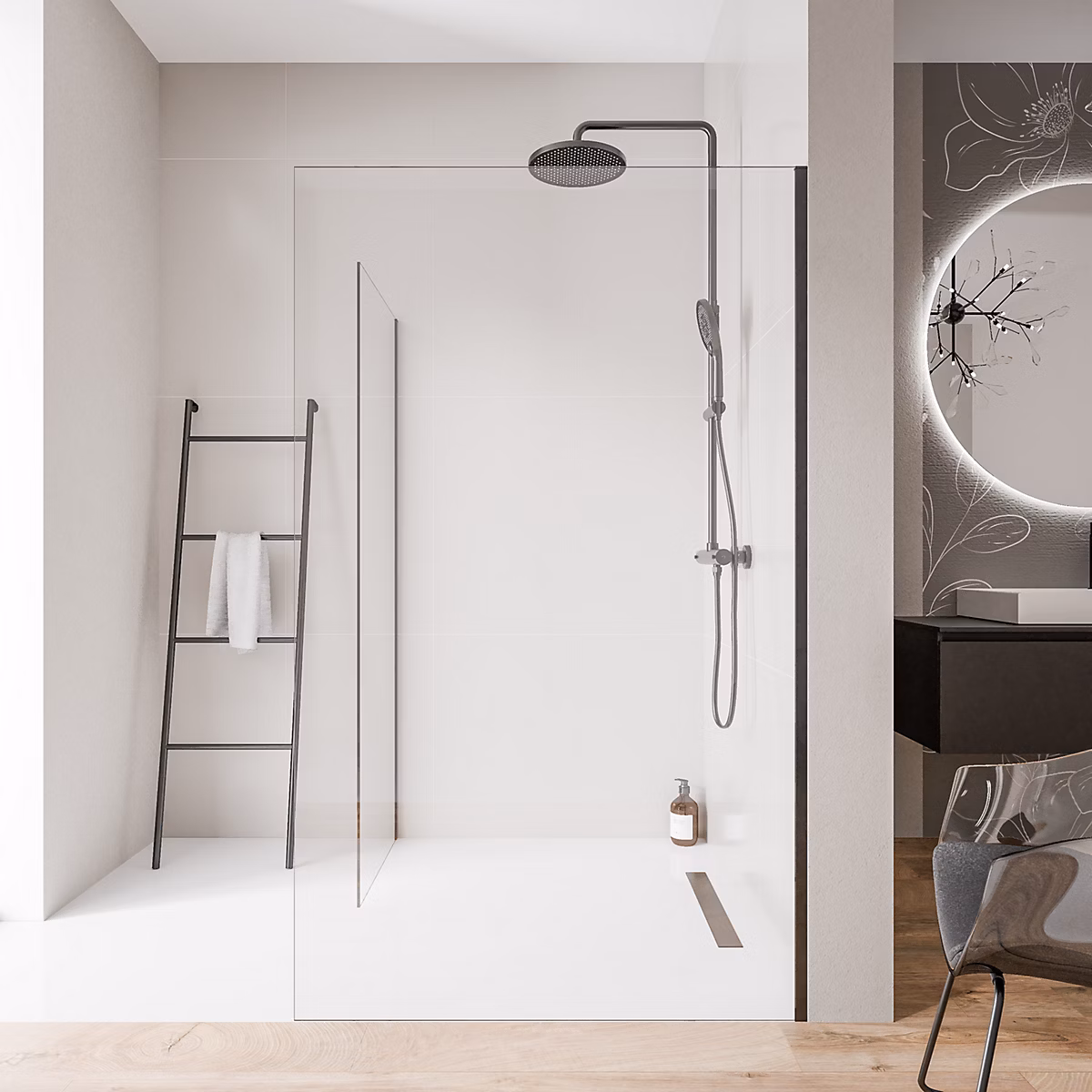 2 Parois de douche italienne d'angle 100 × 200cm + 110cm – verre NANO 10mm, profilé mural inox noir mat, sans profilé sol, EX102