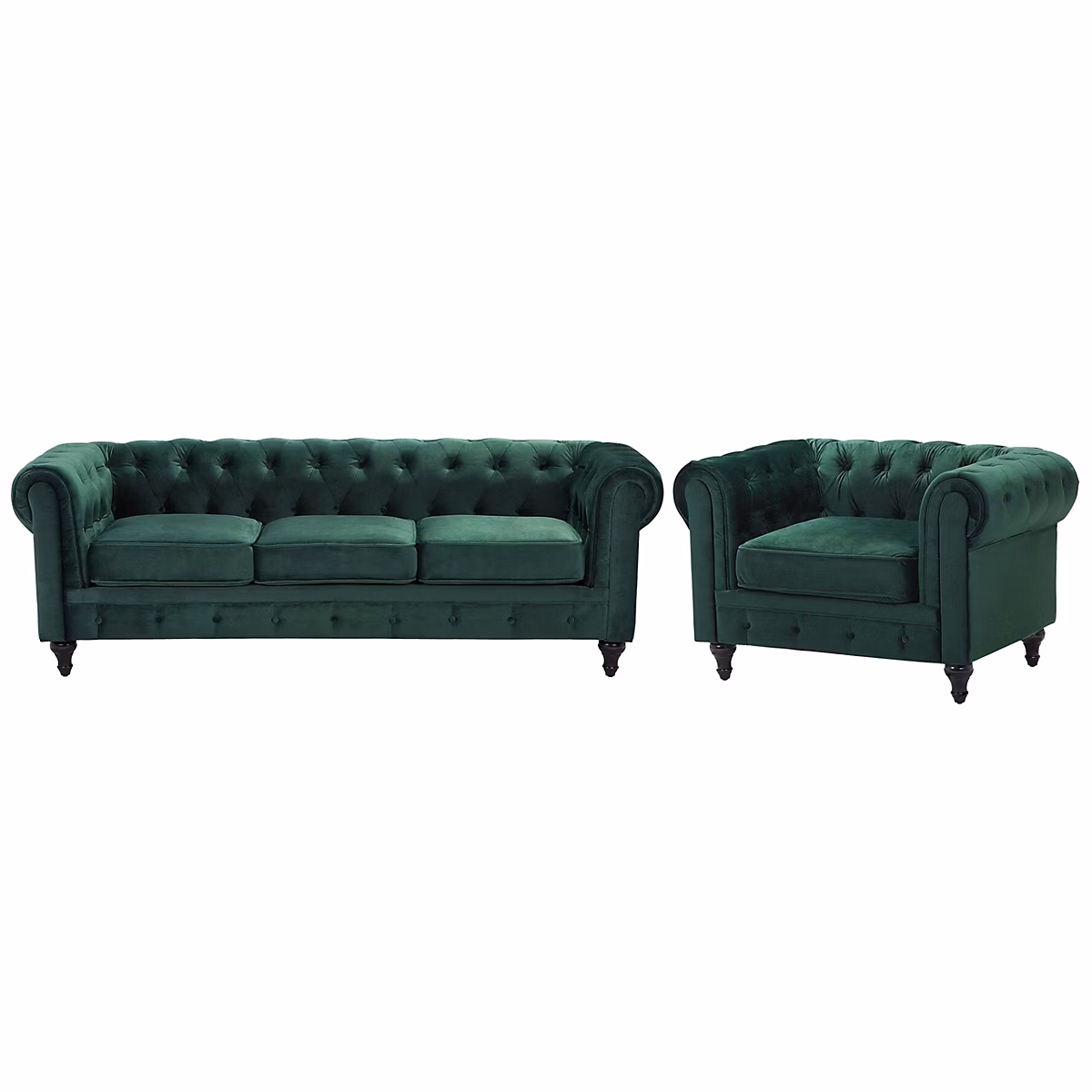 Canapé et fauteuil – Ensemble de salon 4 places CHESTERFIELD Velours Vert