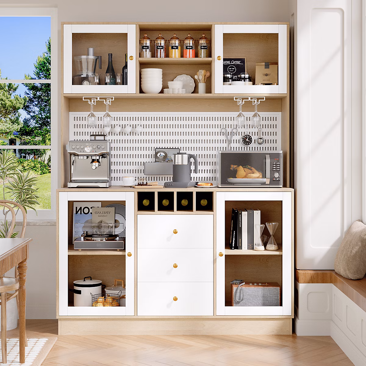 Buffet haut 140 cm en MDF blanc et verre avec LED et range – verres