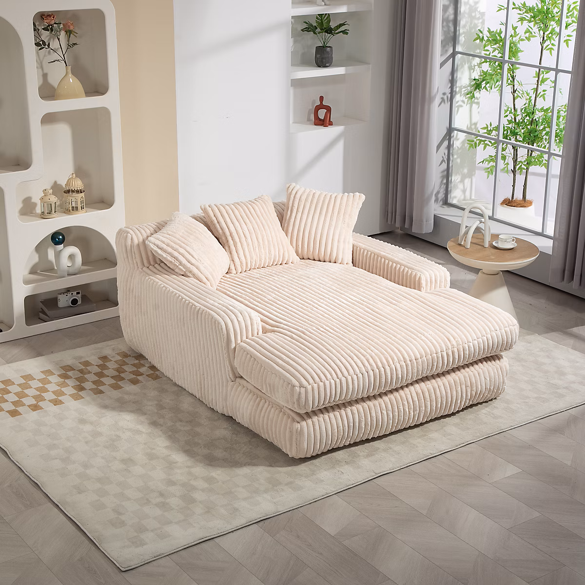 Canapé-lit moderne en velours côtelé avec 3 coussins – canapé de sol à une place, Pas besoin d'assembler, beige