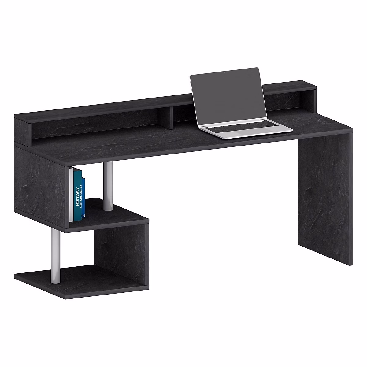 Bureau Serafino – Bureau linéaire avec étagères de rangement, Bureau polyvalent avec plateau, 180 × 60h93 cm, Ardoise
