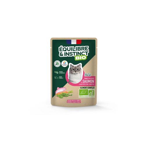 ÉMINCÉS SAUCE POUR CHAT ÉQUILIBRE & INSTINCT® BIO - SAUMON & PETITS POIS - 85G