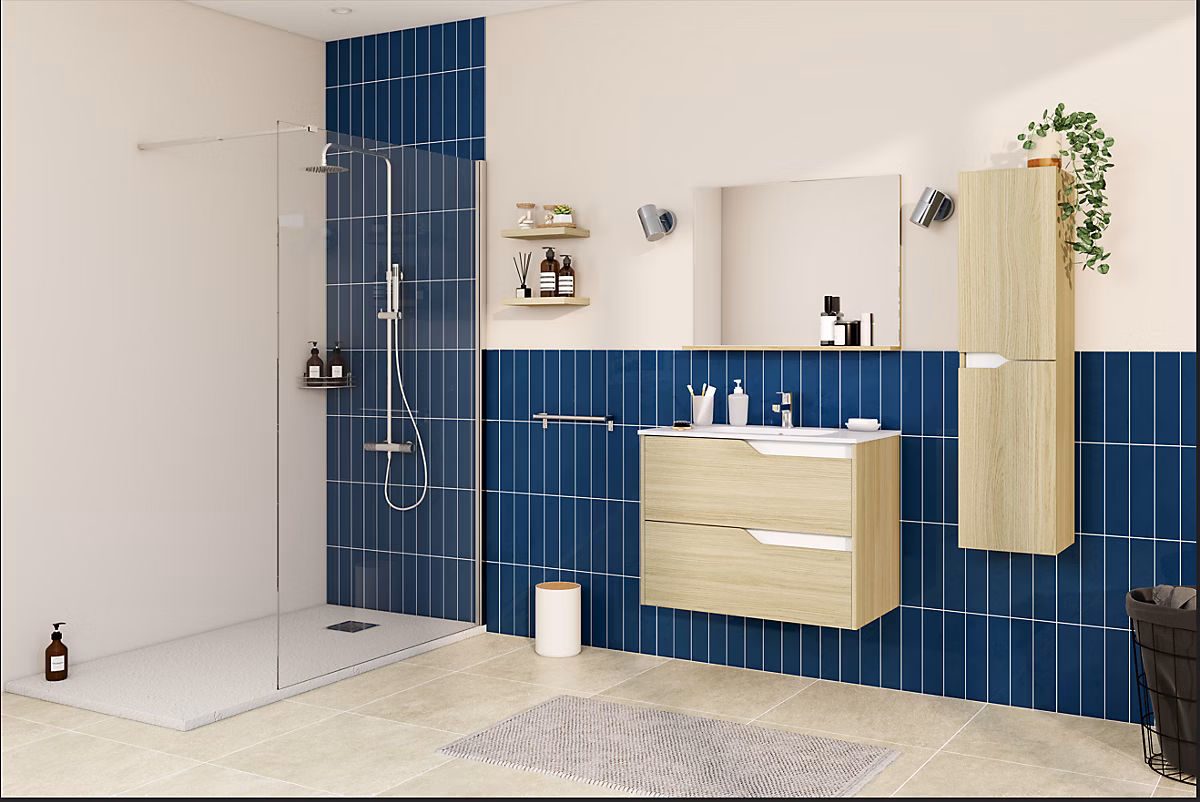 Ensemble meuble sous-vasque 2 tiroirs l. 80 cm + plan vasque + miroir – décor bois, Tolima