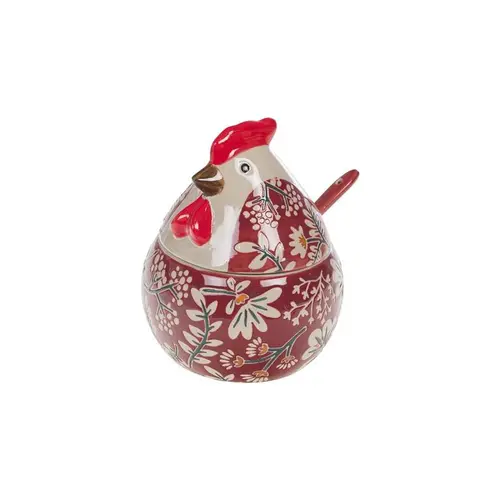 Pour un extérieur à votre image：Sucrier en grès rouge et blanc forme Poule Adèle - 15 x 12 x 12 cm