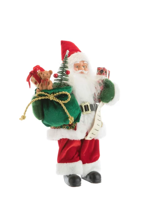 Idée utile：Père Noël traditionnel en tissu rouge et vert avec cadeaux - 13 cm