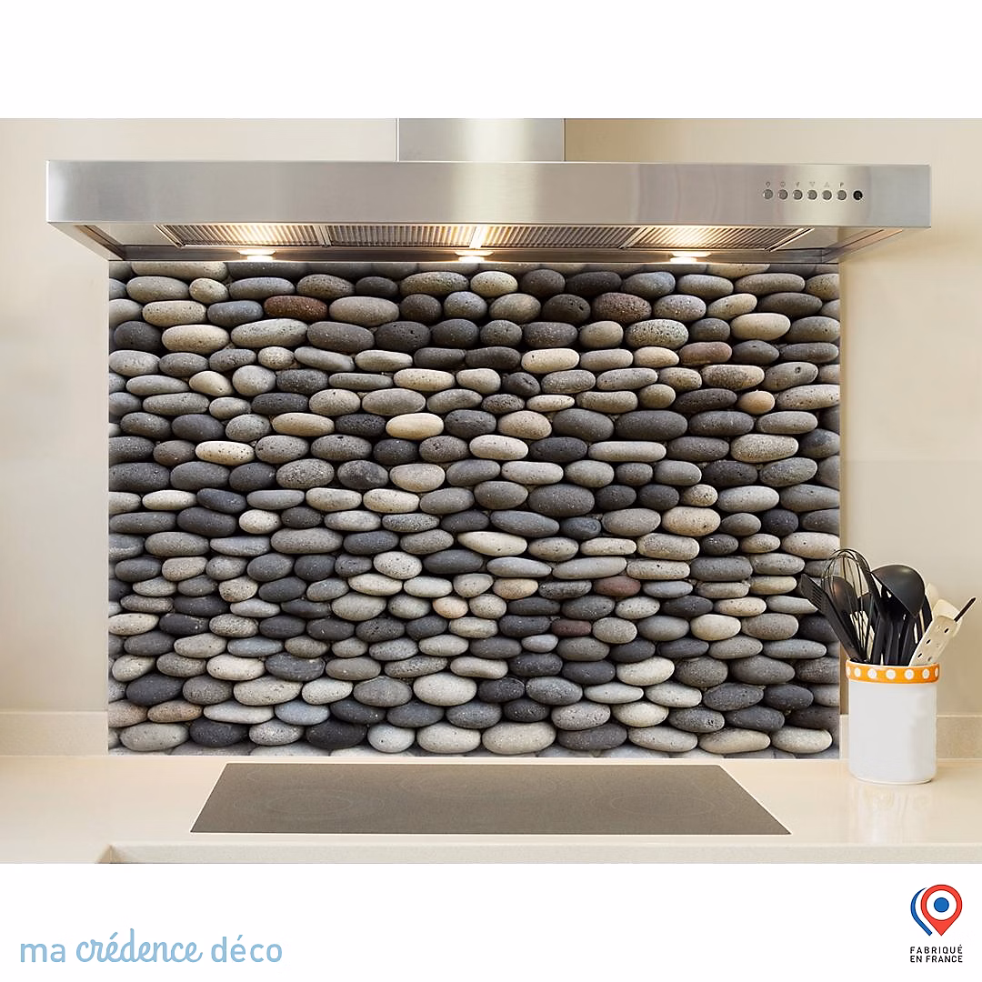 Crédence cuisine fond de hotte Mur de galets – Verre trempé, L 90 cm x H 60 cm, MaCrédenceDéco